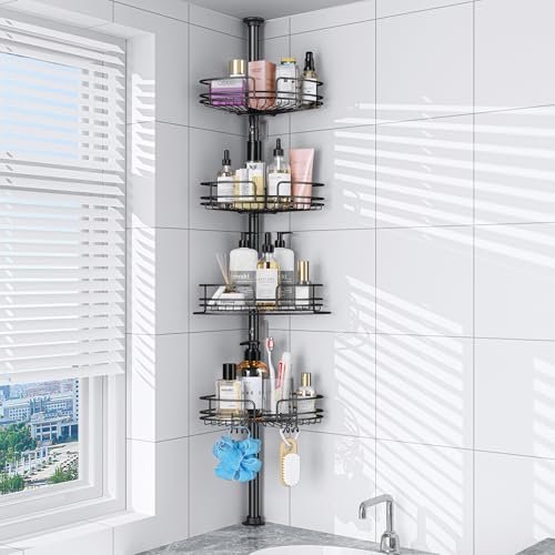 PKBD 4-Tier Rustproof Tension Shower Caddy. for Bathtub Shampoo Storage Bathroom Organizer. Adjustable Shower Shelves from 23 to 125 inches. with 4 Upgrade Large Capacity Adjustable Baskets. Black