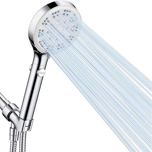High Pressure Shower Head with ON/Off Pause Switch Button. 5 Mode Handheld Shower Head with Hose and Adjustable Bracket. Chrome. Easy to Wash Hair. Kid Bath. Pet Bath