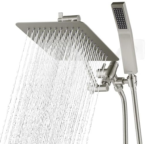 G-Promise All Metal Shower Head with 71 Inch Hose. 8 Inch Square Rain Shower Head with Handheld Spray Combo. Extra Long Hose. 3-Way Diverter. Height-Adjustable Extension Arm (Brushed Nichel)